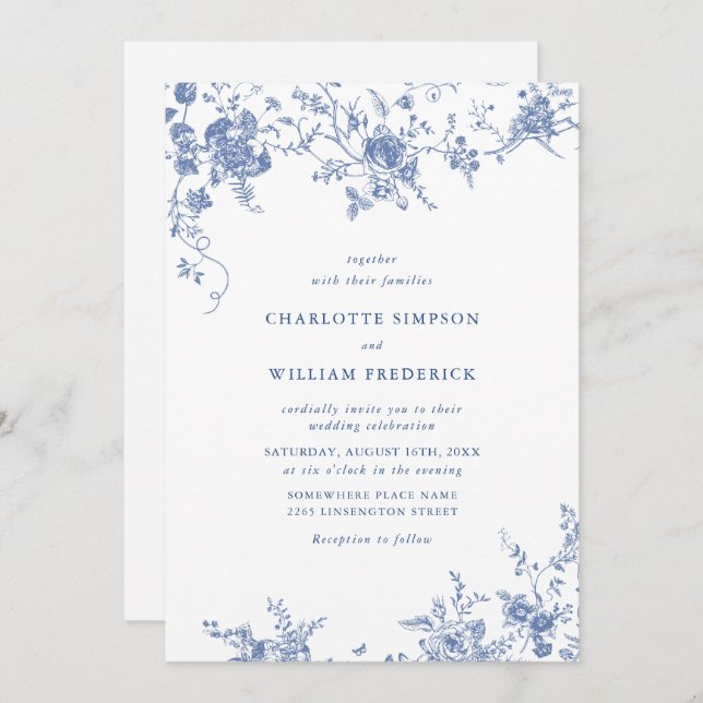 Invitation Bleu victorien Jardin Français Mariage Floral (Devant / Derrière)