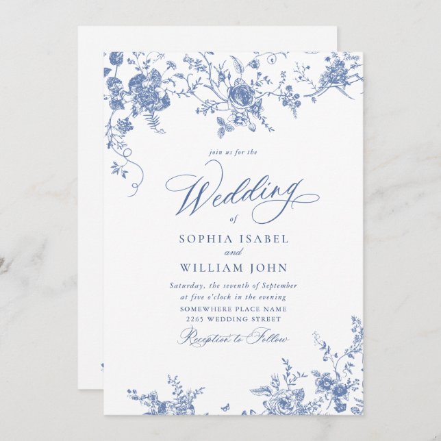 Invitation Bleu victorien Jardin Français Mariage Floral (Devant / Derrière)