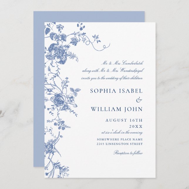 Invitation Bleu victorien Jardin Français Mariage Floral (Devant / Derrière)