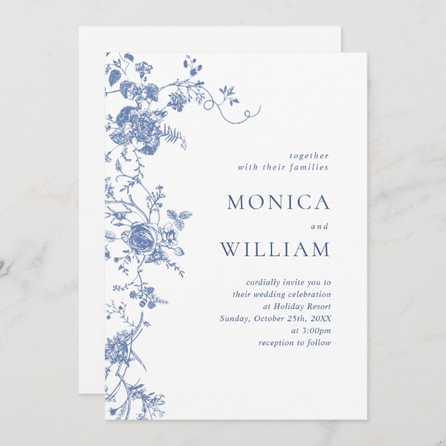 Invitation Bleu victorien Jardin Français Mariage Floral (Devant / Derrière)