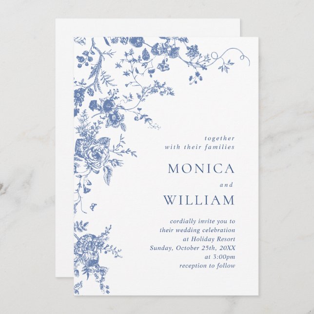 Invitation Bleu victorien Jardin Français Mariage Floral (Devant / Derrière)