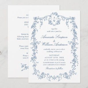 Invitation Bleu victorien Mariage français Orné tout en un