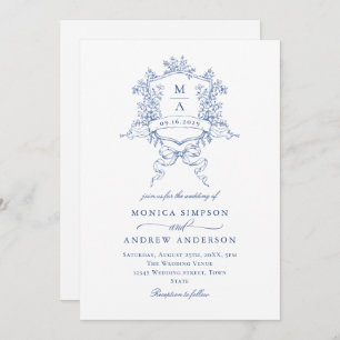 Invitation Bleu Victorien Mariage Orné Floral Crest