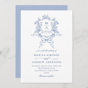Invitation Bleu Victorien Mariage Orné Floral Crest