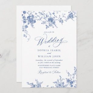 Invitation Bleu Victorien Toile Jardin Français Mariage Flora
