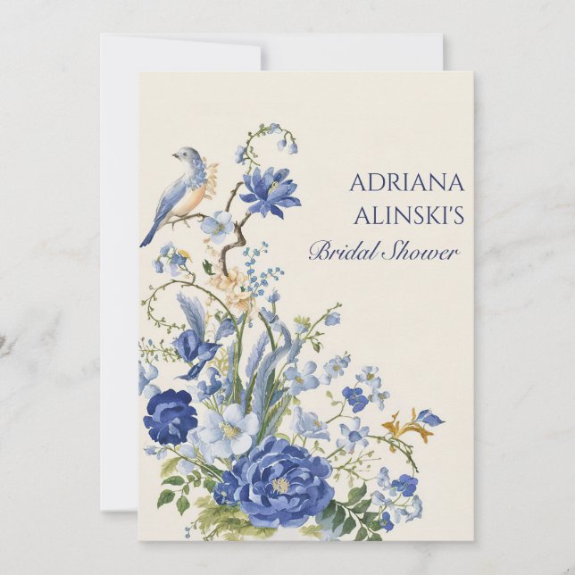 Invitation Bleu vintage floral et oiseau  (Devant)