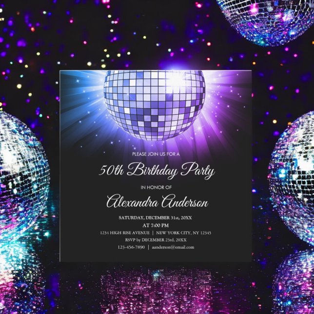 Invitation Bleu violet 50e anniversaire Disco Ball (Créateur téléchargé)
