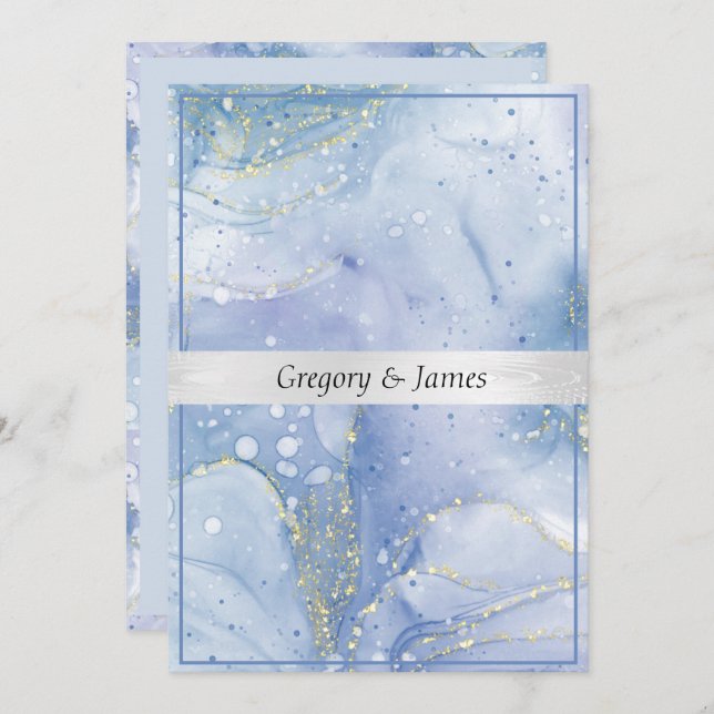 Invitation Bleu violet blanc Elégant Aquarelle Silver Satin (Devant / Derrière)