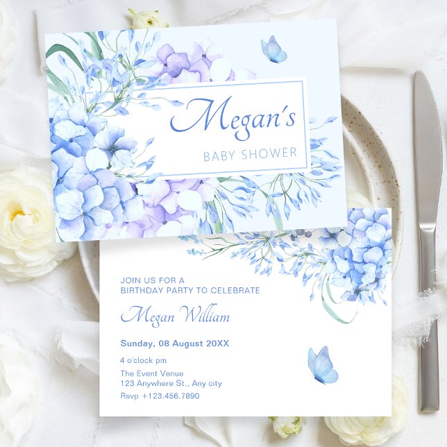 Invitation Bleu violet fleuri baby shower élégant (Créateur téléchargé)