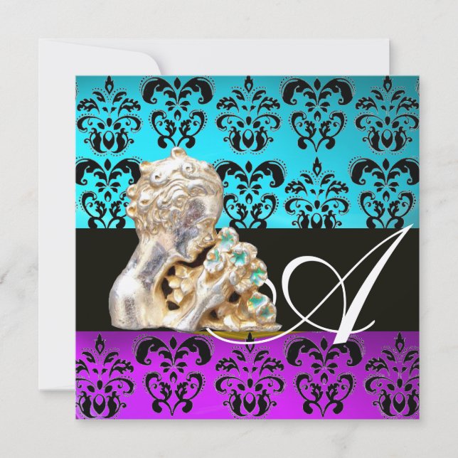 INVITATION BLEU, VIOLET, NOIR, BLANC DAMAS J MONOGRAMME (Devant)