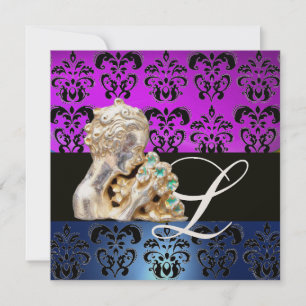 INVITATION BLEU VIOLET, NOIR, BLANC DAMAS JEWEL MONOGRAMME