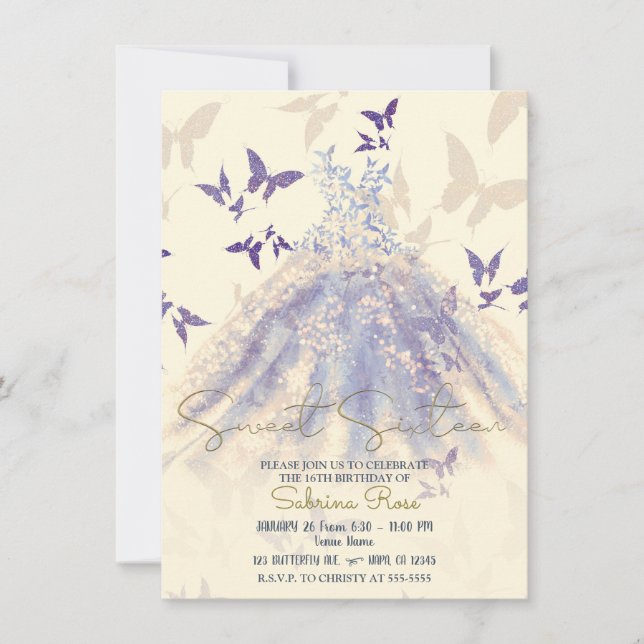 Invitation Bleu violet papillon ivoire Danser Robe douce 16 (Devant)