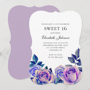 Invitation Bleu violet rose doux 16. Floral 16e anniversaire