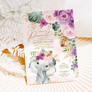 Invitation Bleu Violet Tropical Greenery Elephant Baby