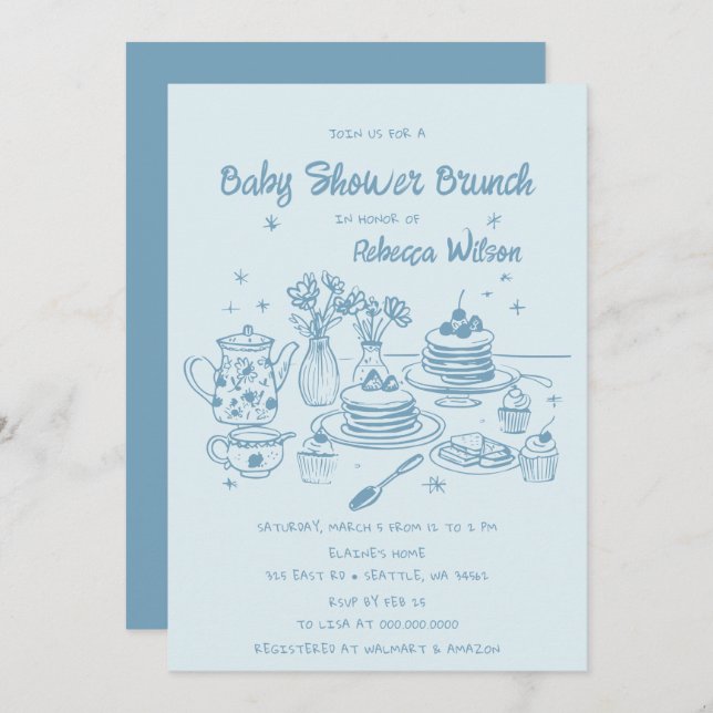 Invitation Bleu Whimsical main tiré Baby shower garçon Brunch (Devant / Derrière)