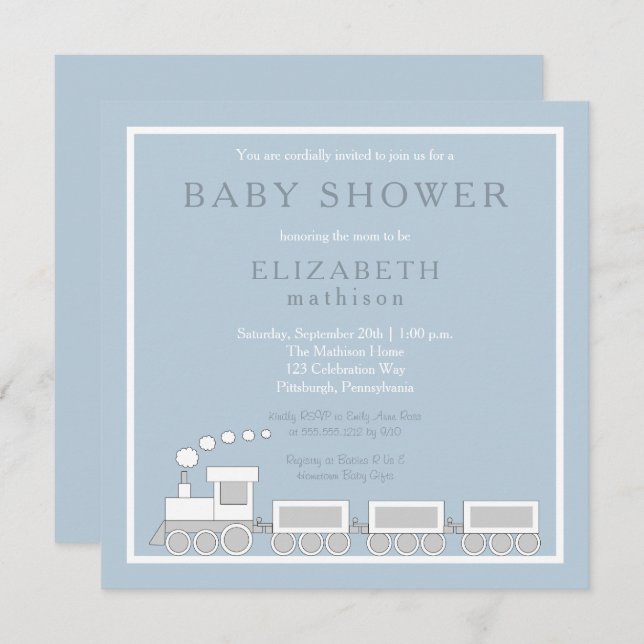 Invitation Bleu | White Choo Choo Train Boy Baby shower (Devant / Derrière)