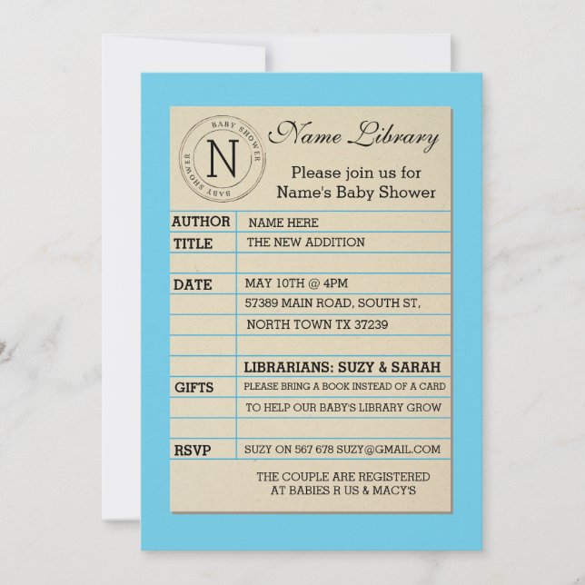 Invitation bleue Baby shower de la carte de biblio (Devant)