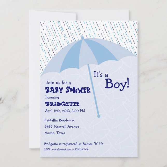Invitation bleue Baby shower parapluie (Devant)