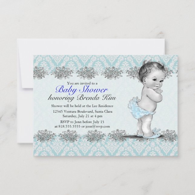 Invitation bleue Baby shower Vintage (Devant)