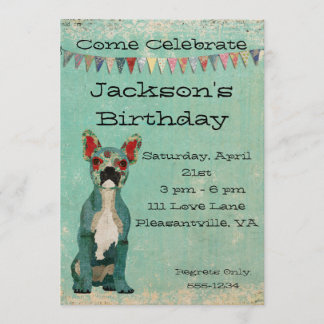 Invitation bleue d'anniversaire de bouledogue