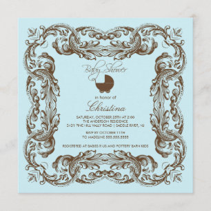 Invitation bleue de baby shower de brun vintage de