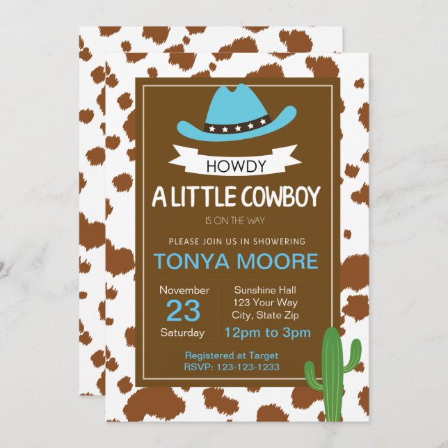 Invitation bleue de baby shower de cowboy (Devant / Derrière)