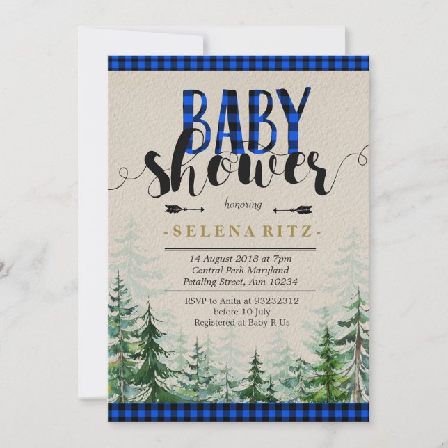 Invitation bleue de baby shower de garçon de plaid (Devant)