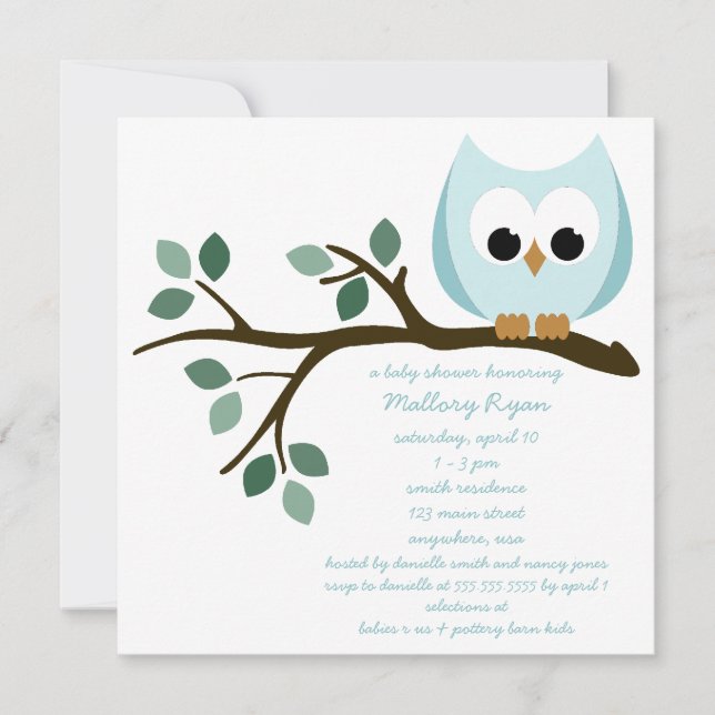 Invitation bleue de baby shower de hibou (Devant)