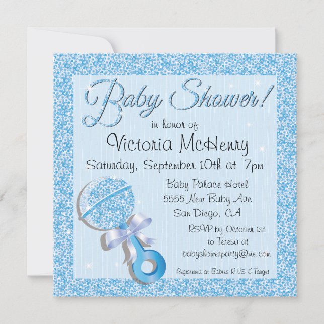 Invitation bleue de baby shower de paillette (Devant)