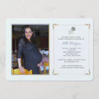 Invitation bleue de baby shower de photo de hochet