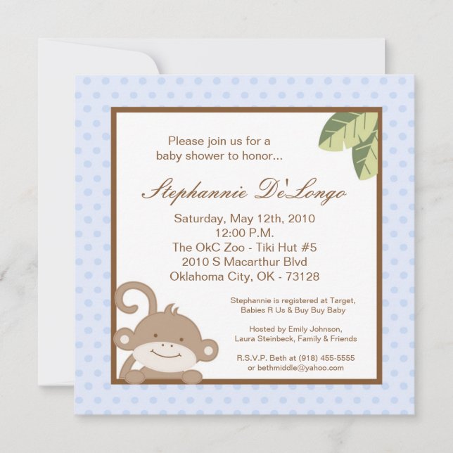 invitation bleue de baby shower de singe du garçon (Devant)