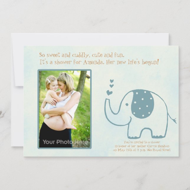 Invitation bleue de baby shower d'éléphant (Devant)
