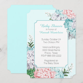Invitation bleue de baby shower d'hortensias en