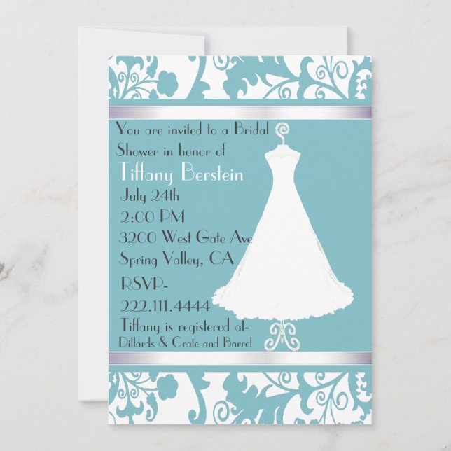 Invitation bleue de Fête de la mariée de damassé (Devant)