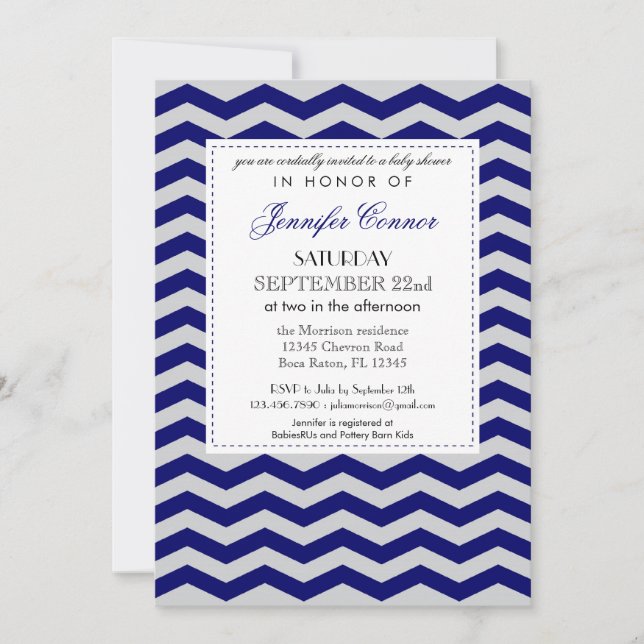 Invitation bleue de l'Elegant Chevron Baby shower  (Devant)