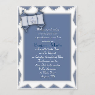 Invitation bleue de Mitzvah de barre de Torah