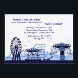 Invitation (bleue) de parc d'attractions<br><div class="desc">Une scène de parc d'attractions aux nuances du bleu comportant une roue de ferris, le carrousel, la pirouette de chaise, les montagnes russes, etc. parfait pour un carnaval ou la fête d'anniversaire de parc à thème. (Point de gel) Il est facile customiser la carte avec vos mots, options de police,...</div>