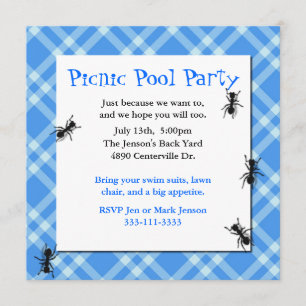 Invitation bleue de partie de plaid de fourmis de
