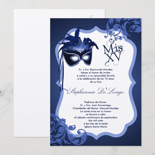 invitation bleue de Quinceanera de masque de la (Devant / Derrière)