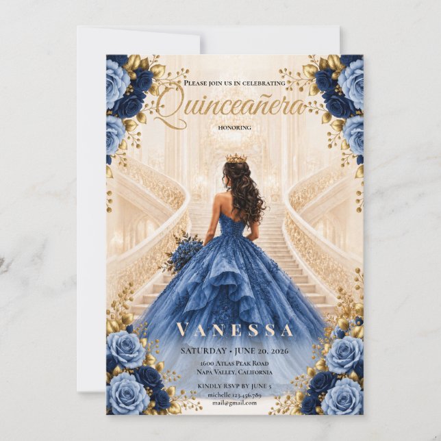 Invitation Bleue et Dorée pour Quinceanera (Devant)