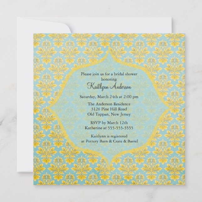 Invitation bleue et jaune de Fête de la mariée de (Devant)