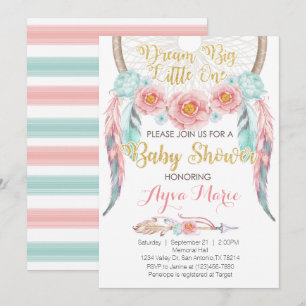 Invitation bleue rose de baby shower de Boho
