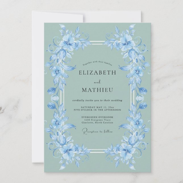 Invitation Bleuet Sage Floral Romantique Mariage (Devant)