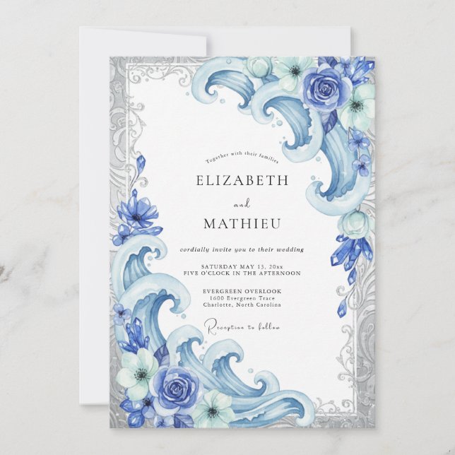 Invitation Bleuet Vague Côtière Eucalyptus Mariage (Devant)