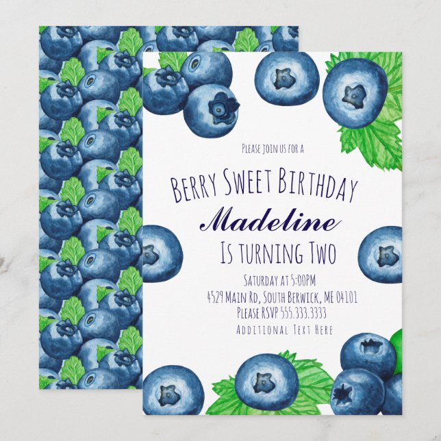 Invitation Bleuets Aquarelle Baie Doux Anniversaire  (Devant / Derrière)