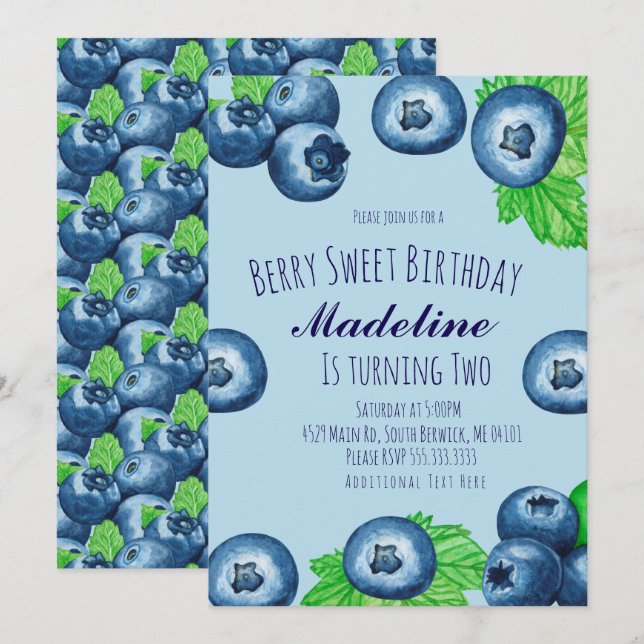 Invitation Bleuets Aquarelle Baie Doux Anniversaire  (Devant / Derrière)