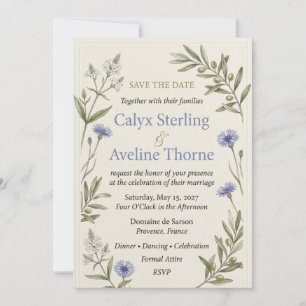 Invitation Bleuets, Branches d'Olivier, Fleurs Blanches, Bord
