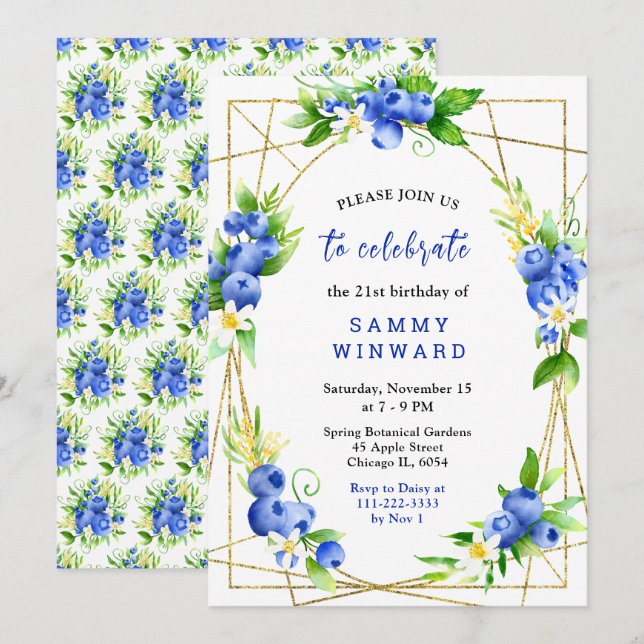 Invitation Bleuets et Feuillage Anniversaire (Devant / Derrière)