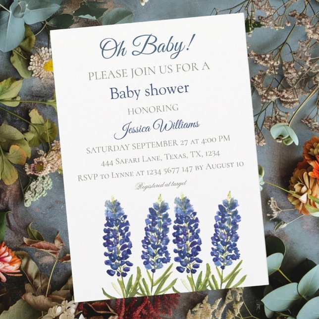 Invitation Bleus Bleuets Aquarelle Fleur Texas Bébé garçon (Créateur téléchargé)