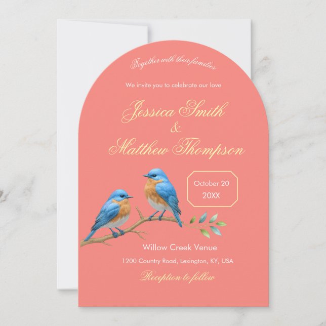 Invitation Bleus de corail doux et Mariage de script doré (Devant)